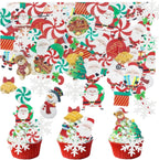 64PCS Christmas Edible Cake Topper Decorations Santa Claus Snowflakes Cupcake Toppers Wafer Paper