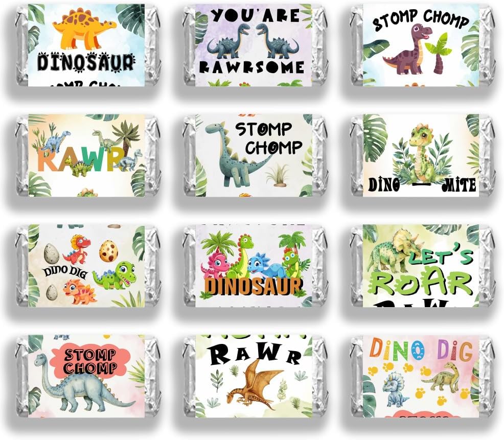 arricraft 120 Pcs Dinosaur Theme Mini Candy Bar Wrappers for Sons, Let’s Roar Stomp Chomp Chocolate Bar Label Stickers Self Adhesive Stickers for Birthday Shower Dinosaur Party Favors(No Candy)