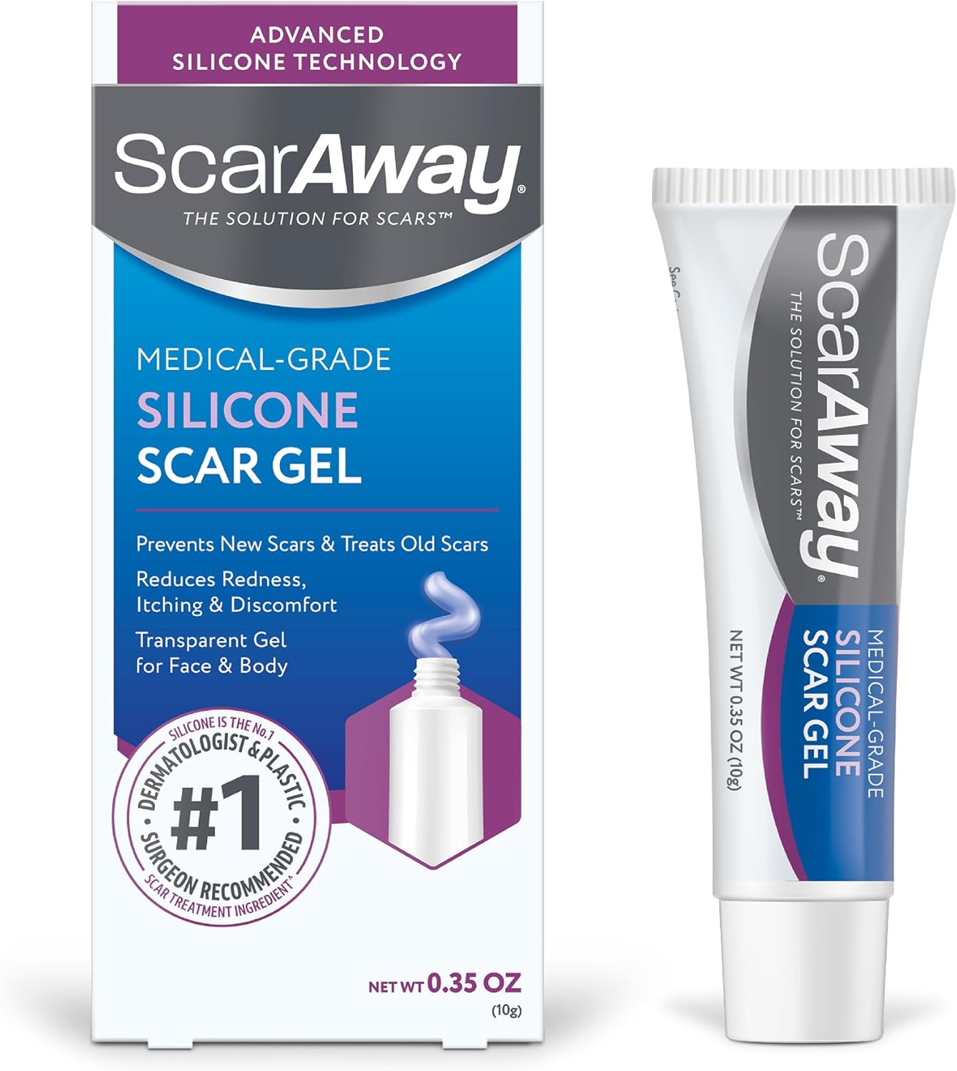 ScarAway Silicone Scar Gel, Helps Improve Size, Color & Texture of Hypertrophic & Keloid Scars from Injury, Burns & Surgery, Water Resistant, 10g (0.35 Oz)
