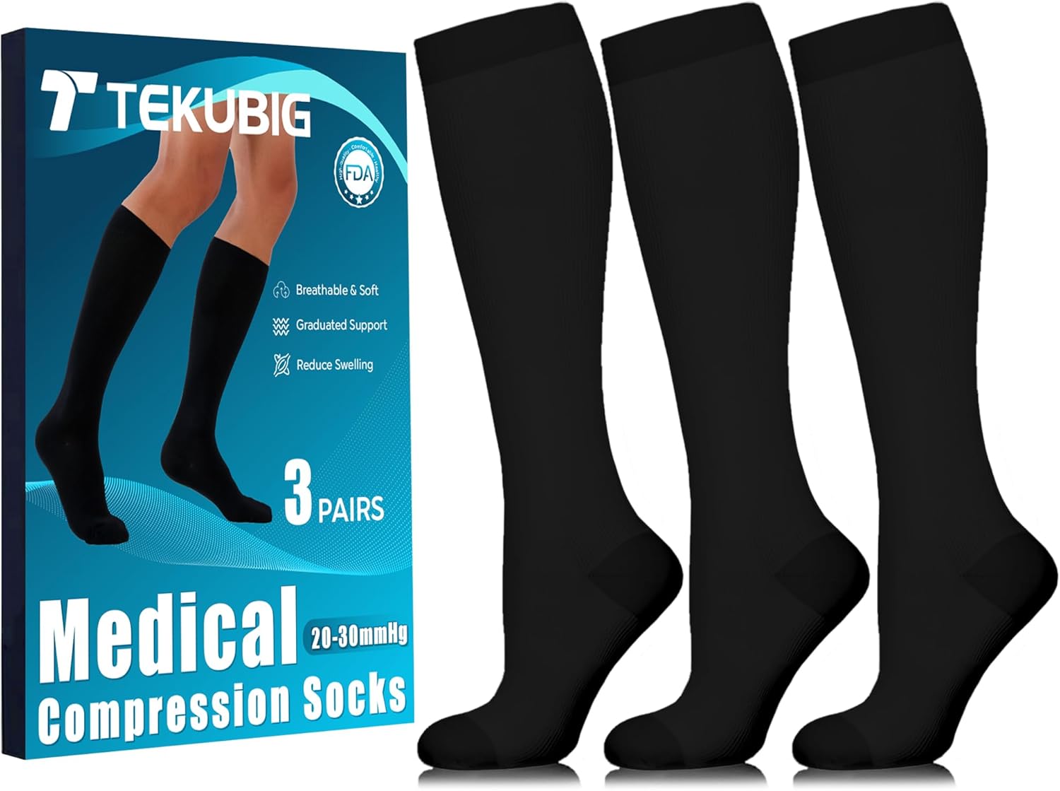 3 Pairs Medical Women Men Compression Socks Knee High 20-30 mmhg Graduated Stocking Support Hose Cute for Running Travel