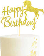 Horse Happy Birthday Cake Topper, Horse Racing Theme Birthday Party Decoration for Boys Girls Men Women, Kids Birthday Party Decoration Supplies-Gold Glitter