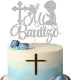 Rsstarxi 1 Pack Spanish Mi Bautizo Cake Topper Religious God Bless First Holy Communion Cake Pick Christening Boys Baptism Cake Decoration for Baby Shower Party Decoration Silver