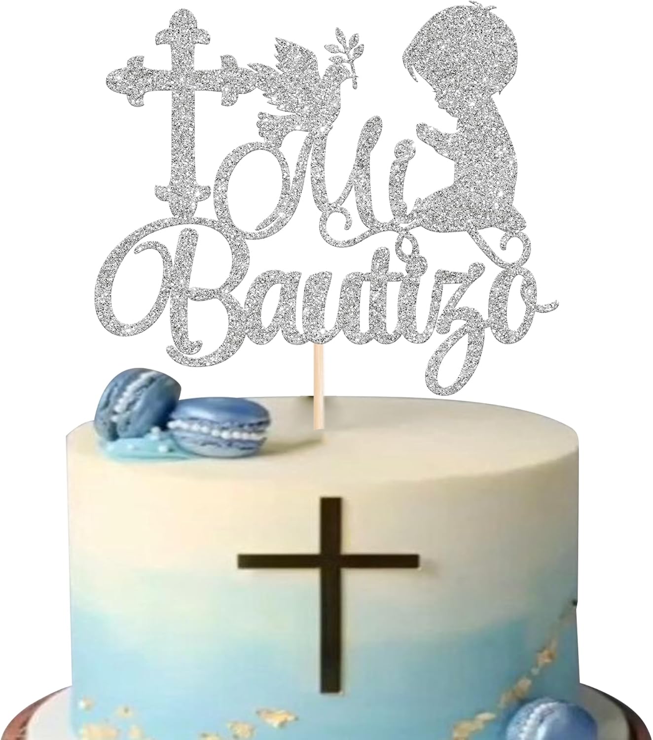Rsstarxi 1 Pack Spanish Mi Bautizo Cake Topper Religious God Bless First Holy Communion Cake Pick Christening Boys Baptism Cake Decoration for Baby Shower Party Decoration Silver