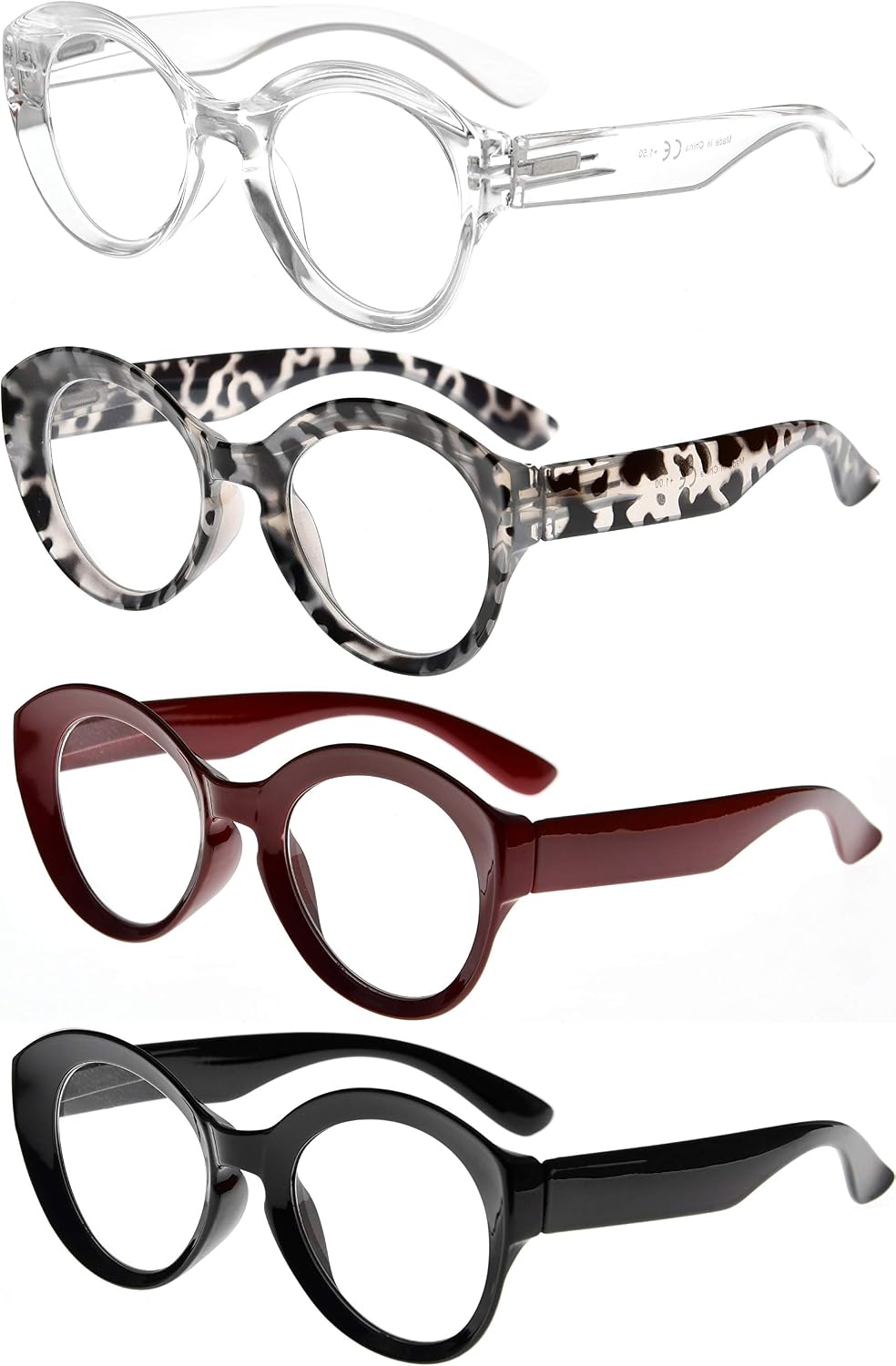 Eyekepper 4 Packing Round Reading Glasses Women Large Frame Stylish Readers +1.75
