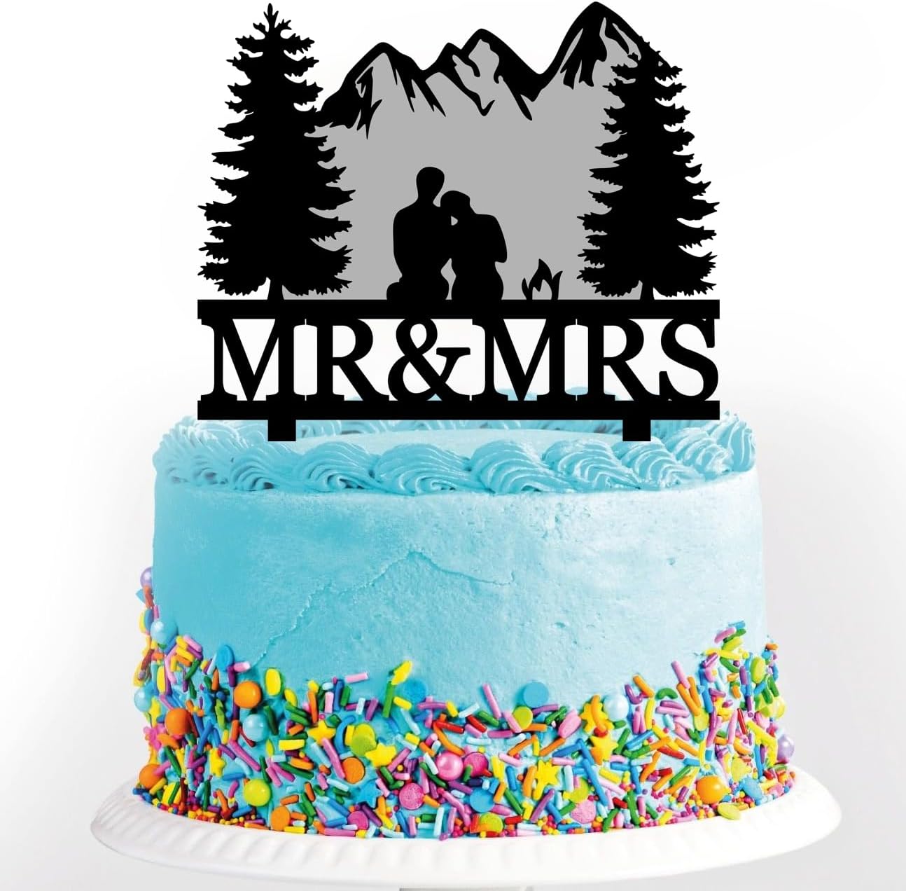 Mountain Wedding Cake Topper - Black Acrylic - 5.9"W x 6.7"H - 1 Count - Outdoor, Forest Theme - Wedding, Anniversary, Bridal Shower