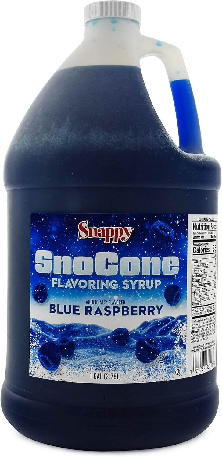 Snappy Blue Raspberry Sno Cone Syrup, 1 Gallon - Ready-to-Use Shaved Ice & Snow Cone Flavoring, Professional Grade Syrup for Sno Cone Machines, 14 Flavor Options