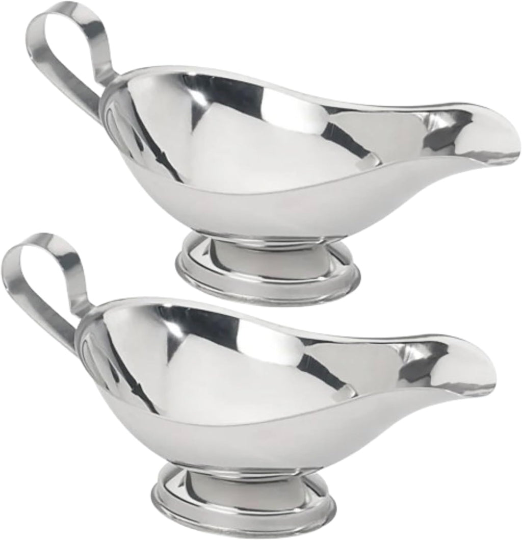 Stainless Steel Gravy Boat – Elegant Sauce Server with Gadroon Base & Easy-Pour Lip – Durable Metal Sauce Boat for Gravy, Dressings, Syrups, and Condiments – Dishwasher Safe (2, 8 Oz.)