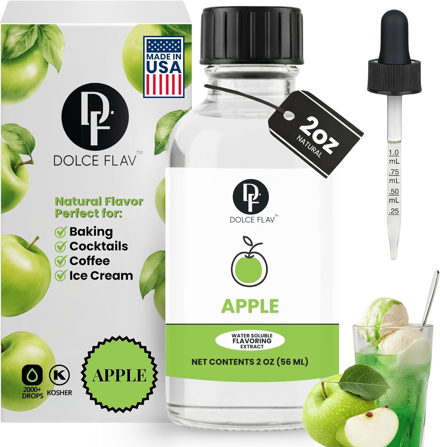 Dolce Flav Natural Apple Extract – 2 oz Water-Soluble Pure Apple Flavoring Drops for Baking, Drinks & Desserts | Highly Concentrated | Sugar Free | Allergen Free | Made in USA