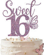 Purple Glitter Sweet 16 Cake Topper, Butterfly Happy 16th Birthday/Happy Sweet 16, Funny Butterfly Themed 16th Birthday Party Decorations