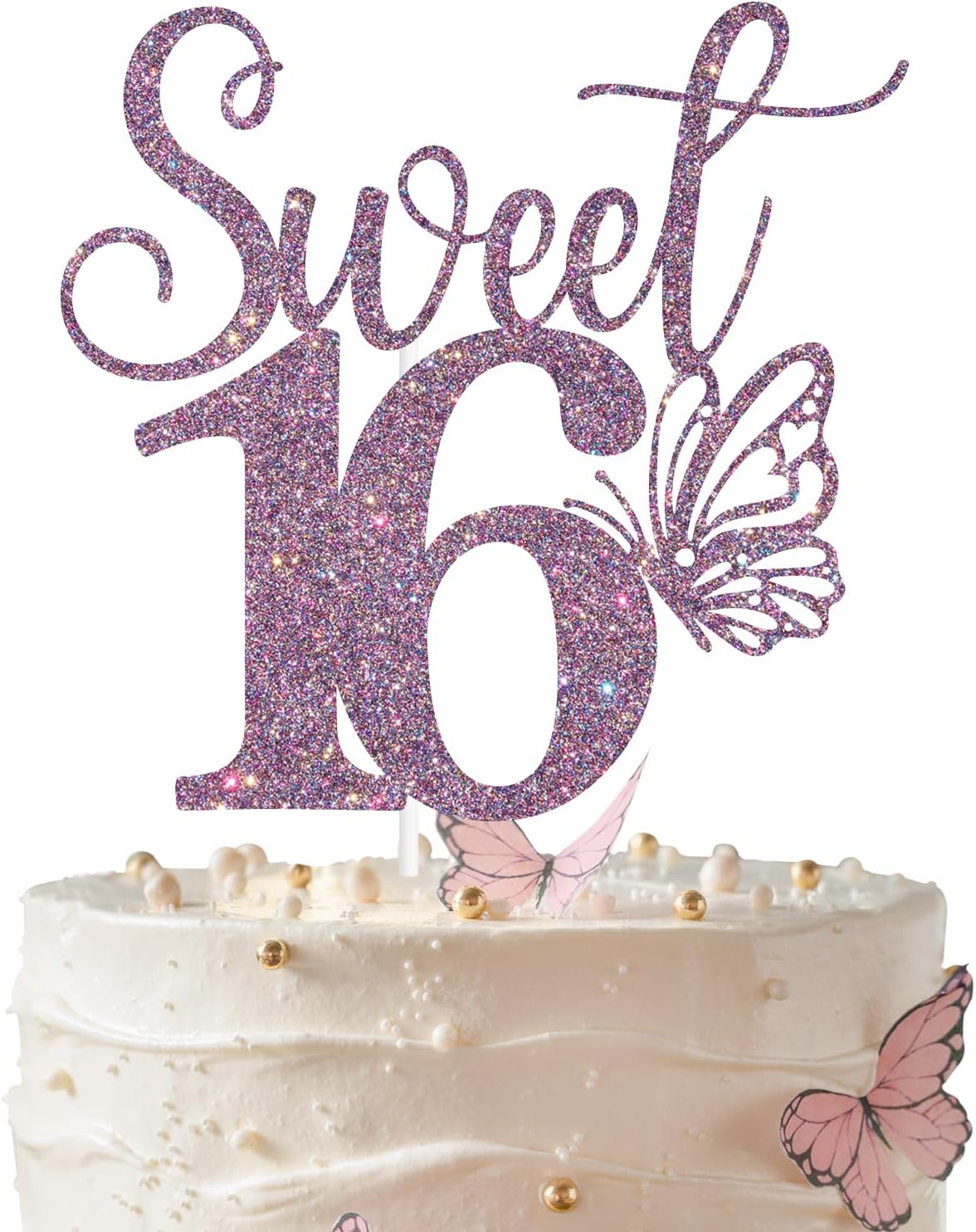 Purple Glitter Sweet 16 Cake Topper, Butterfly Happy 16th Birthday/Happy Sweet 16, Funny Butterfly Themed 16th Birthday Party Decorations