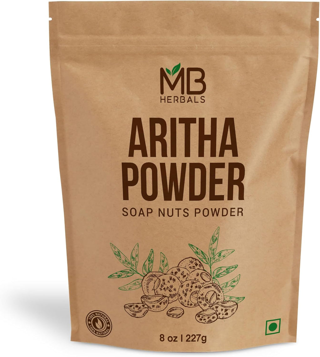 MB Herbals Aritha Powder 8 oz | 227G | 100% Pure & Organically Grown (Wild-crafted) Soap Nut Powder | Natural Hair Shampoo & Conditioner | Sapindus mukorossi
