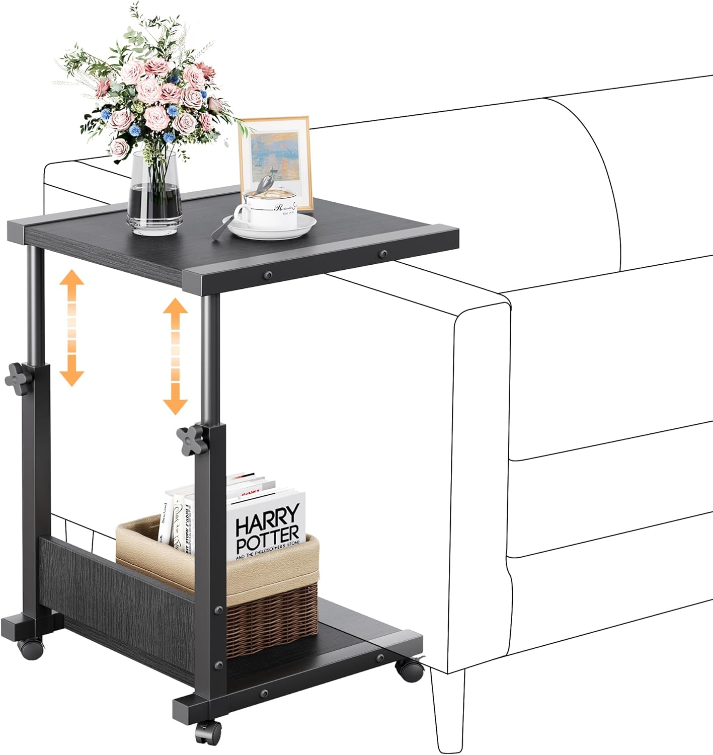 Furist Hospital Bedside Table with Wheels Adjustable Height Sofa Side, Rolling Hospital Table, Mobile Computer Desk Laptop Table for Living Room, Bedroom & Office, Black
