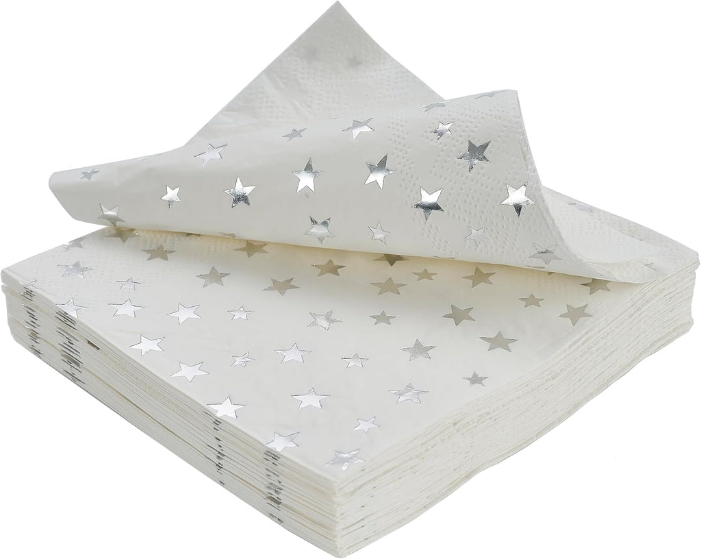 Silver Star Cocktail Napkins 100 Counts 2-Ply 5'' White and Silver Disposable Paper NapkinsPerfect for Birthday Party Supplies Wedding Bridal Shower Baby Shower Valentine's Day+?