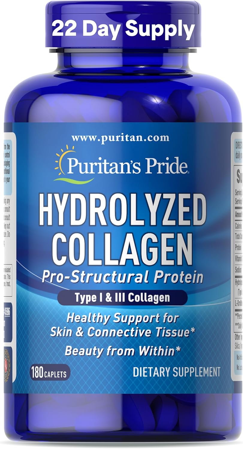 Puritan's Pride Hydrolyzed Collagen Pro-Structural Protein for Men and Women 1000mg, Dietary Supplement for Skin, Bones and Joints, 180 Caplets