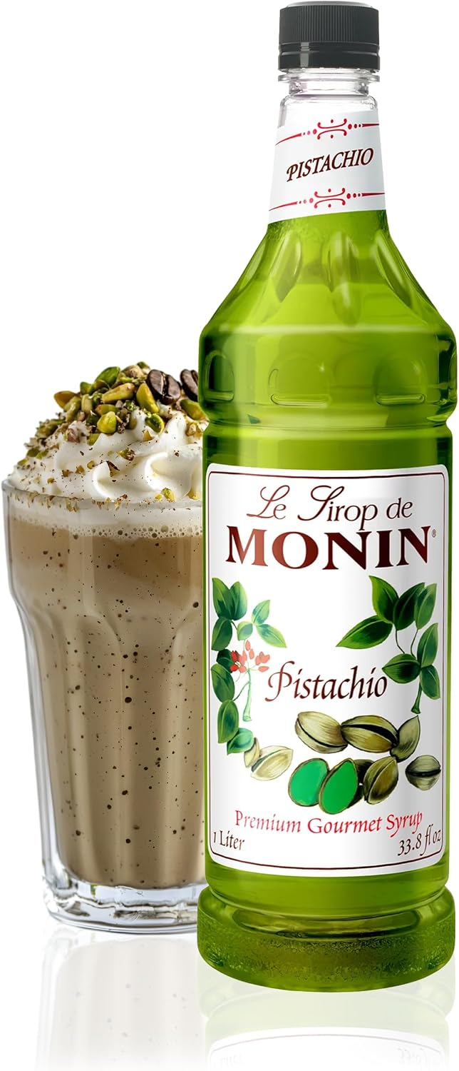 Monin - Pistachio Syrup | Rich & Buttery Sweetness, Premium Syrup for Coffee, Cold Brews & More | Clean Label with No Artificial Flavors, No Artificial Preservatives (BPA Free Bottle, 33.8 fl oz)