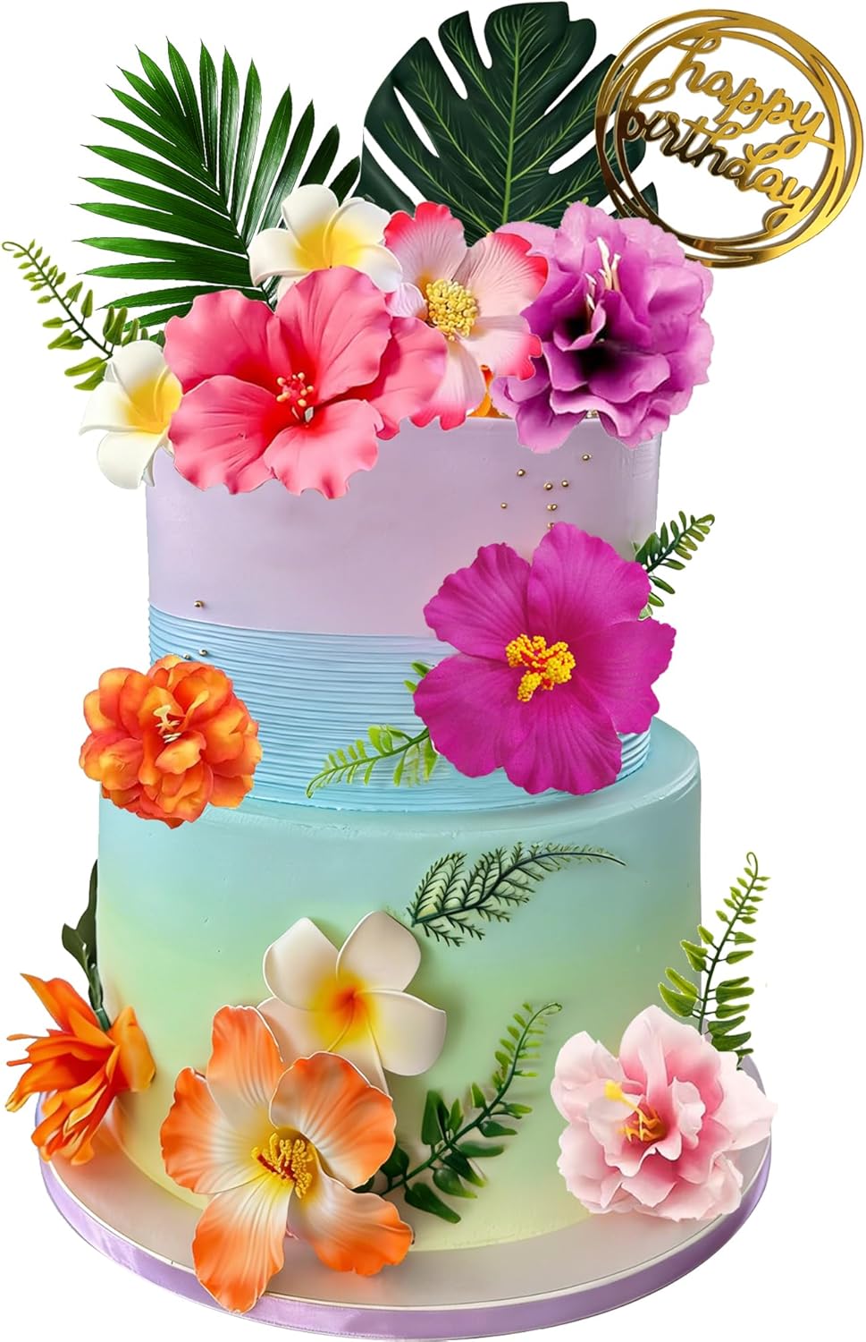 Hawaiian Cake Decorations Tropical Cake Toppers with Hibiscus Flower Palm Leaves Cake Decor for Summer Flamingo Aloha Beach Birthday Themed Party Supplies
