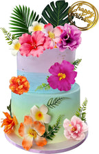 Hawaiian Cake Decorations Tropical Cake Toppers with Hibiscus Flower Palm Leaves Cake Decor for Summer Flamingo Aloha Beach Birthday Themed Party Supplies