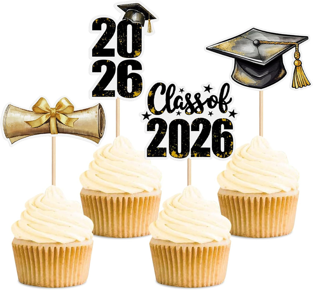 24pcs 2026 Graduation Cupcake Toppers Printed Gold Congrat Grad Class of 2026 Grad Cap Cupcake Picks for 2026 Graduation University Bachelor Graduate Party Supplies