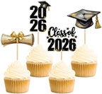 24pcs 2026 Graduation Cupcake Toppers Printed Gold Congrat Grad Class of 2026 Grad Cap Cupcake Picks for 2026 Graduation University Bachelor Graduate Party Supplies