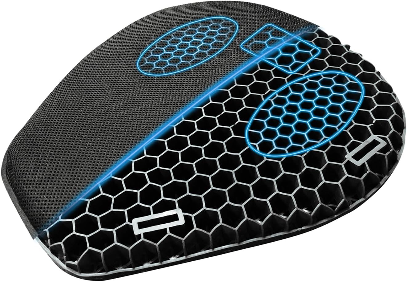 Motorcycle Gel Seat Cushion, 3D Honeycomb Shock-Absorbing, Hollow and Breathable, Hel Material is Compressive, Non-Breaking, Non-Hardening, Soft and Comfortable (Four Seasons)