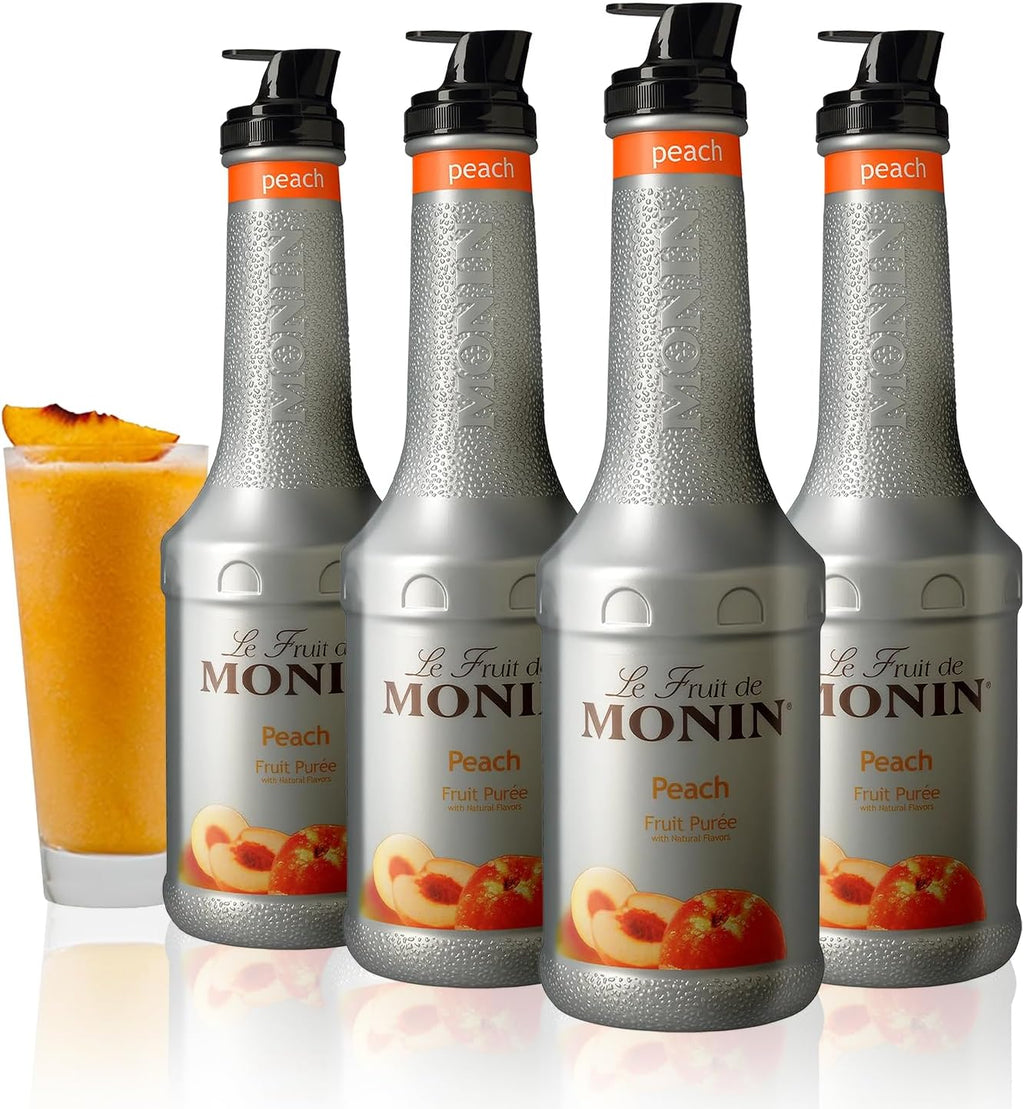 Monin - Peach Fruit Purée Multi-Pack | Premium Purée for Cocktails, Smoothies & More | Clean Label with No Artificial Flavors, No Artificial Preservatives (BPA-Free Plastic Bottle, 1 Liter, 4-pack)