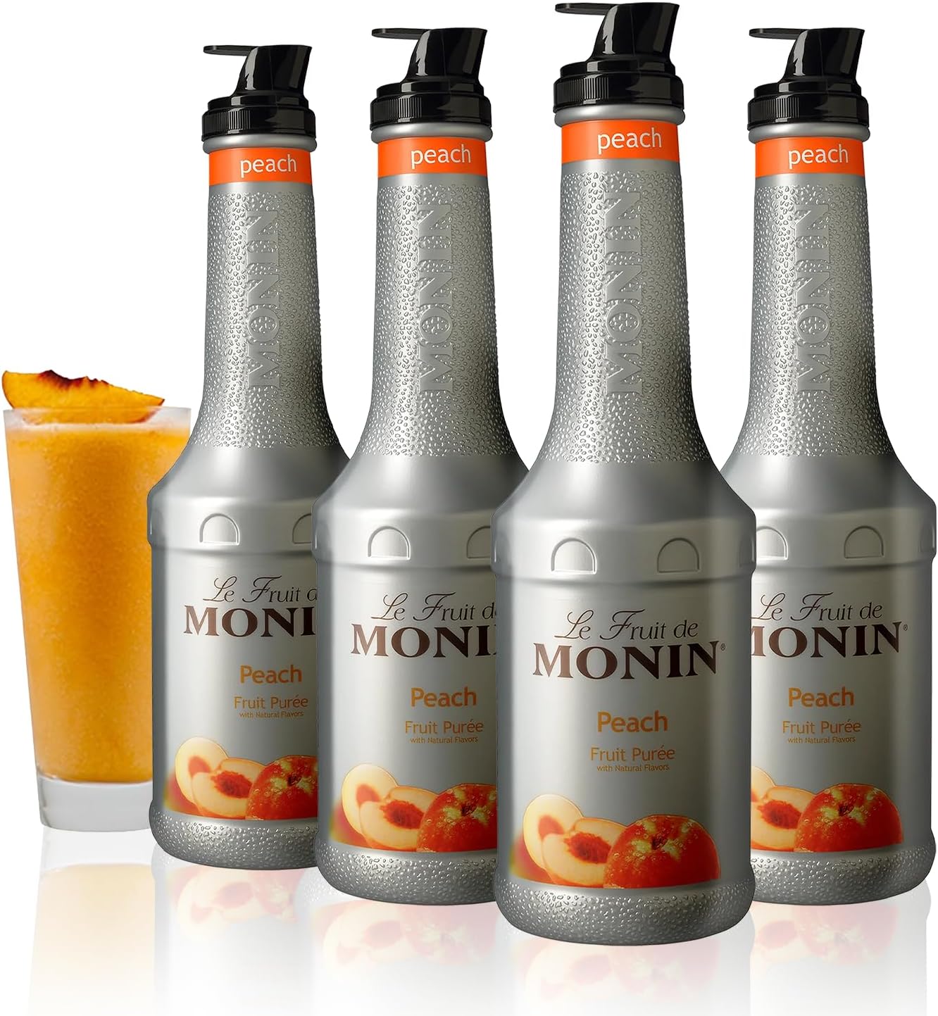 Monin - Peach Fruit Purée Multi-Pack | Premium Purée for Cocktails, Smoothies & More | Clean Label with No Artificial Flavors, No Artificial Preservatives (BPA-Free Plastic Bottle, 1 Liter, 4-pack)