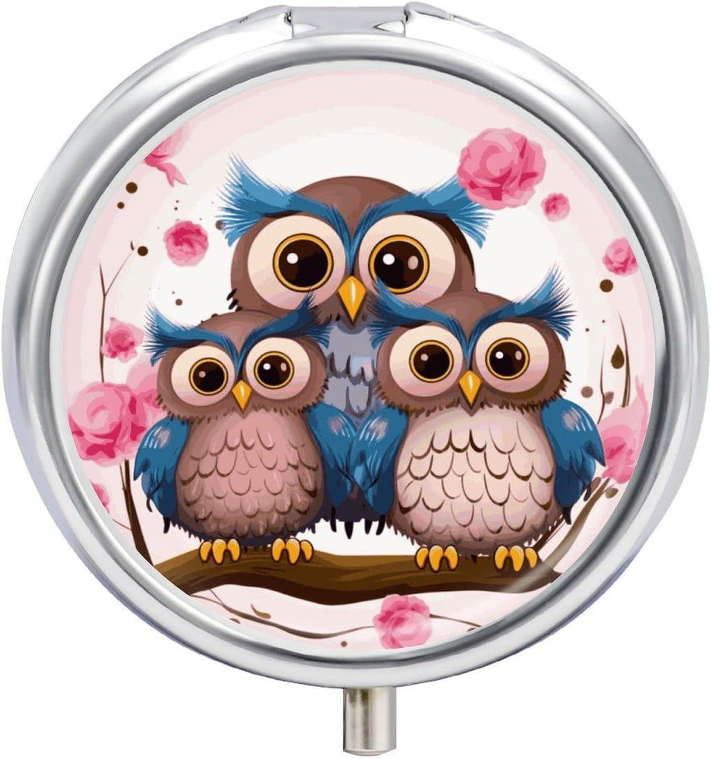 Cute Owls Pill Case with 3 Compartments, Round Pill Organizer for Travel, Portable Pocket Purse Medicine, Vitamin Box for Daily Use, Waterproof Medicine Holder