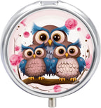 Cute Owls Pill Case with 3 Compartments, Round Pill Organizer for Travel, Portable Pocket Purse Medicine, Vitamin Box for Daily Use, Waterproof Medicine Holder