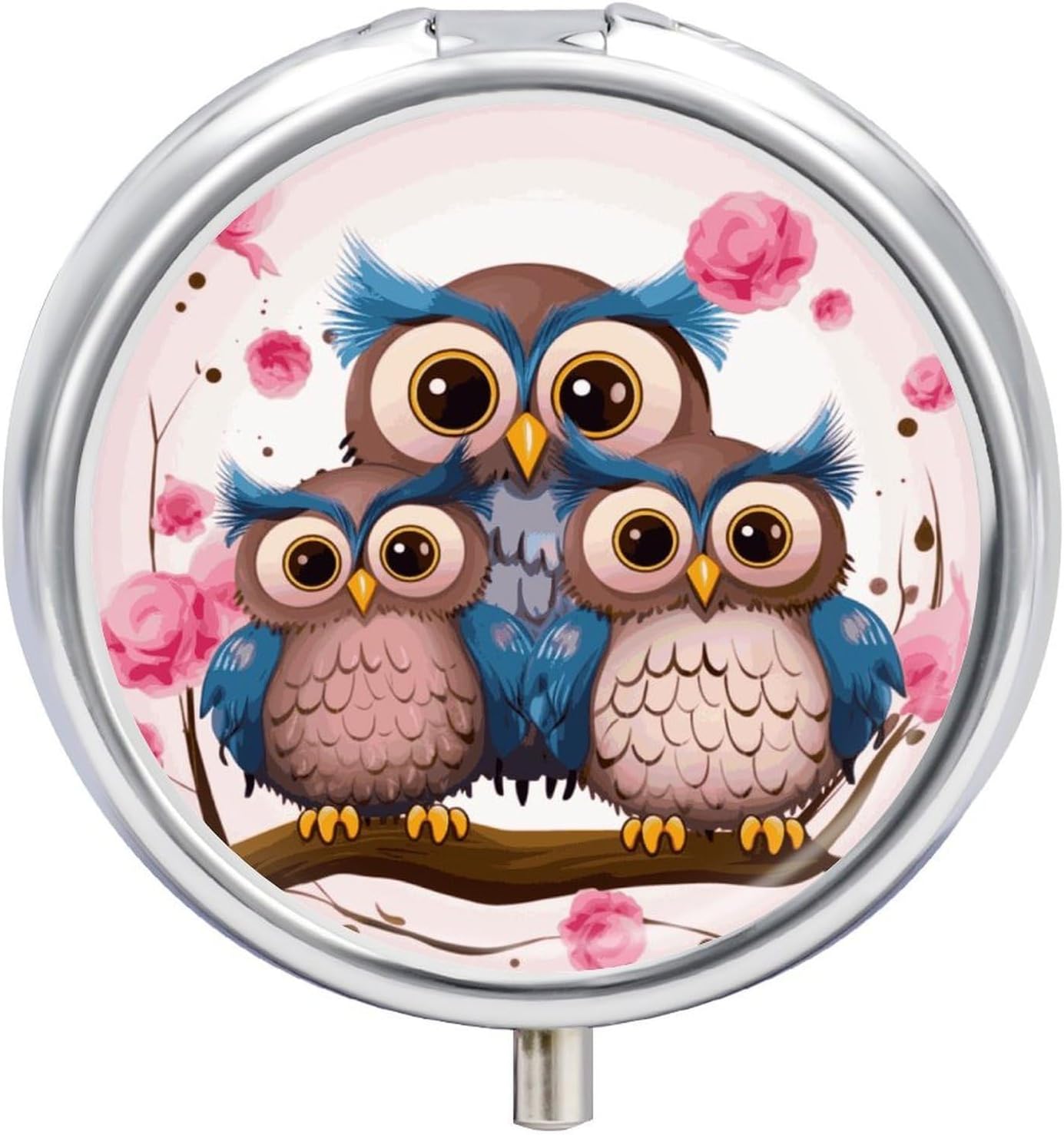 Cute Owls Pill Case with 3 Compartments, Round Pill Organizer for Travel, Portable Pocket Purse Medicine, Vitamin Box for Daily Use, Waterproof Medicine Holder
