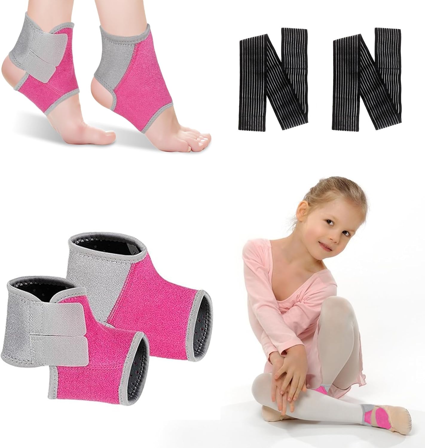 2 Pairs Kids Ankle Brace Set, Children Foot Support Stabilizer Wraps Protector Guard, Ankle Support Elastic Kids Compression Socks, for Plantar Fasciitis, Swelling, Injury Recovery (Pink, Small)