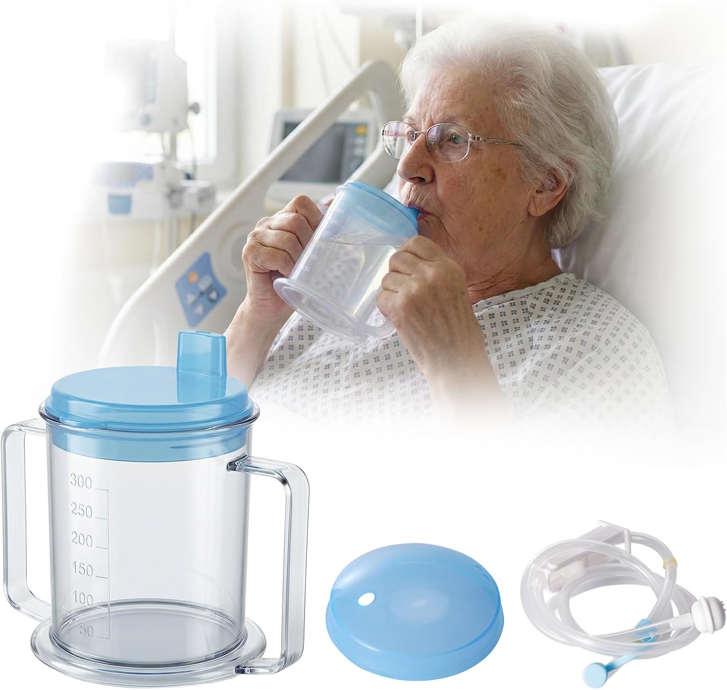 Cups for Elderly Spill Proof - 300ml Adult Drinking Cup for Elderly，With 1M Long Straw，Non Spill Cups for Adults Hospital Disabled Dysphagia Patients (Blue)