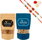 Jaiccha Ghasitaram Rakhi Gifts for Brothers Rakhi Dryfruits - Almonds 100 GMS and Pistachios 100 GMS Pouches with 2 Rudraksh Rakhis