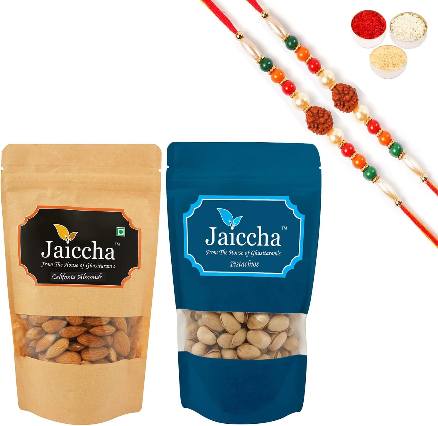 Jaiccha Ghasitaram Rakhi Gifts for Brothers Rakhi Dryfruits - Almonds 100 GMS and Pistachios 100 GMS Pouches with 2 Rudraksh Rakhis