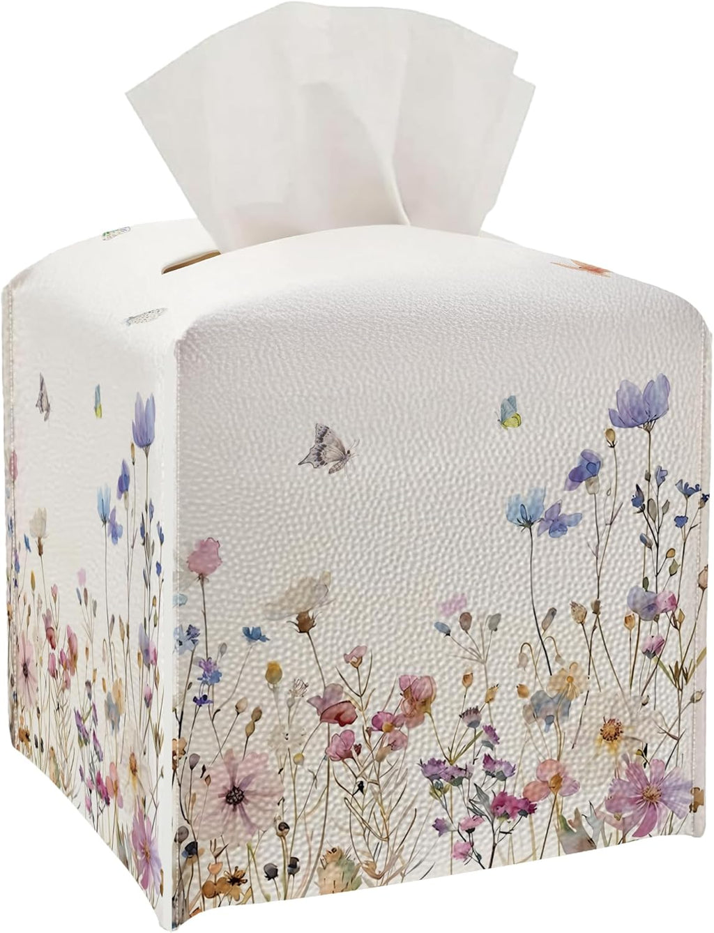 Tissue Box Cover - Wildflowers and Butterflies PU Leather Tissue Box Holder with Elastic Bottom Strap,5.2x5.2Inch Tissue Box Decor for Bathroom Countertop, Nightstand, Office Desk, Bedroom (Butterfly)