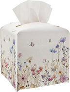 Tissue Box Cover - Wildflowers and Butterflies PU Leather Tissue Box Holder with Elastic Bottom Strap,5.2x5.2Inch Tissue Box Decor for Bathroom Countertop, Nightstand, Office Desk, Bedroom (Butterfly)