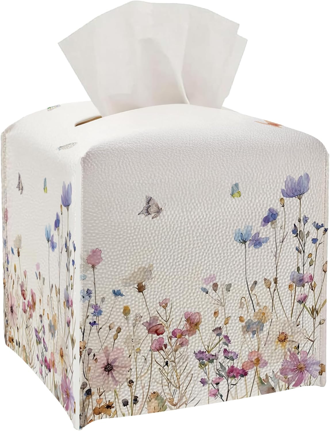 Tissue Box Cover - Wildflowers and Butterflies PU Leather Tissue Box Holder with Elastic Bottom Strap,5.2x5.2Inch Tissue Box Decor for Bathroom Countertop, Nightstand, Office Desk, Bedroom (Butterfly)