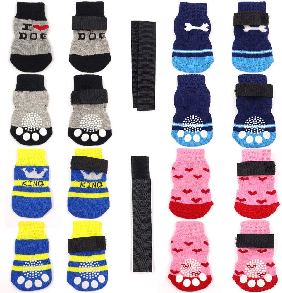 4 Pairs Anti-Slip Dog Socks and Cat Socks with Rubber Reinforcement and 8 Small Straps, Indoor Wear Pet Paw Protector for Hardwood Floors Cat Dogs. Style 3 (S)