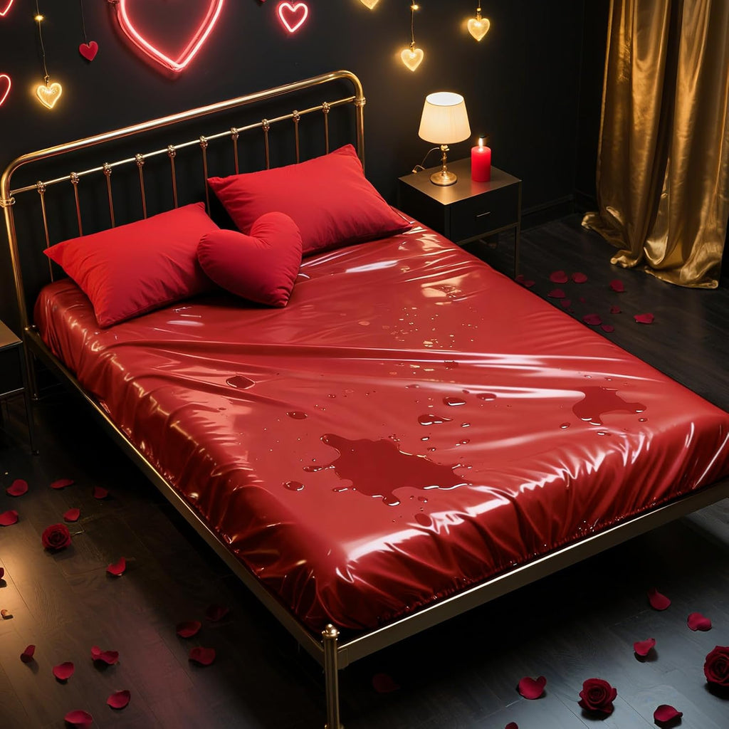 Vinyl Queen Fitted Massage Mattress with Elastic Band, Fits Bed Cover Mat 80x60'' Wide for Nuru Massage Safe Against Water&Oil, Bed Sheet-Silicone Based Massage Products, Noiseless&Hypoallergenic, Red