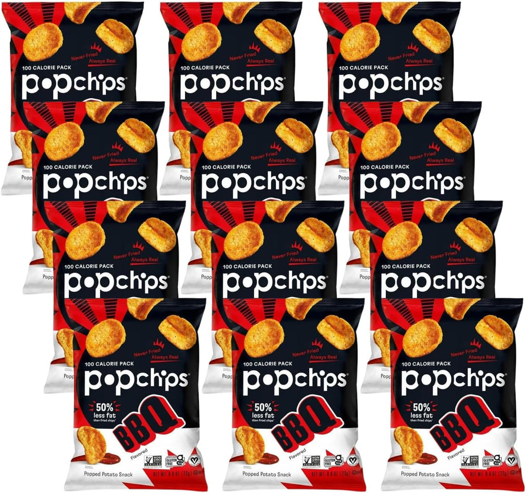 Popchips Potato Chips, BBQ, 12ct Single Serve 0.8oz Bags, Low-Calorie and Gluten Free, Salty Snacks for Adults and Children, Non-GMO, Vegan & Kosher Friendly, 100 Calories Per Bag