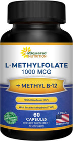 aSquared Nutrition L Methylfolate Plus Methyl B12 - Methylated Folate Supplement for Women & Men - 5-MTHF (Active Vitamin B9) 1000 mcg & B-12 1mg - B Complex - 60 Capsules