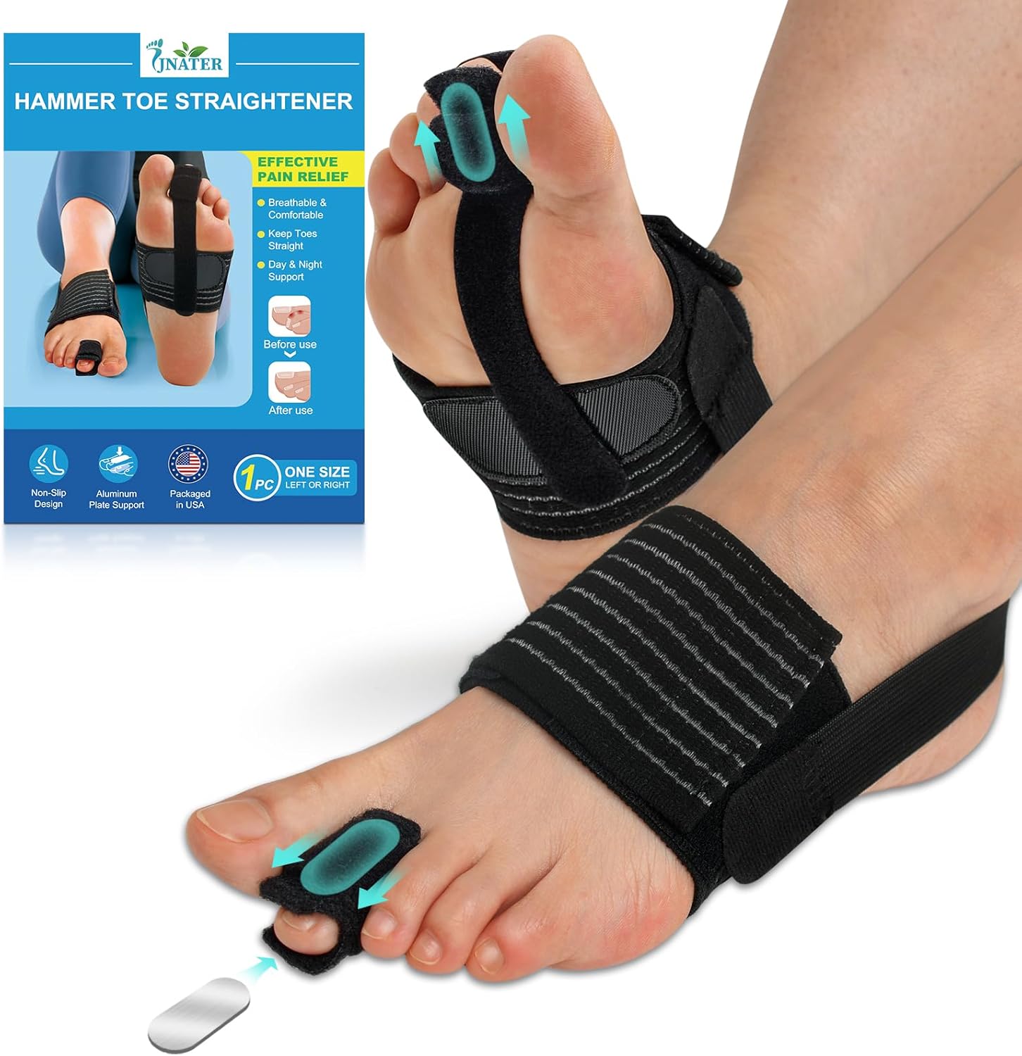 Hammer Toe Straightener - Hammer Toe Corrector for Women & Men, Breathable Non-Slip Toe Splint for Curled, Crooked Toes, Broken Toe Support - Day & Night Relief (1 Compression Foot Wrap & 1 Strap)