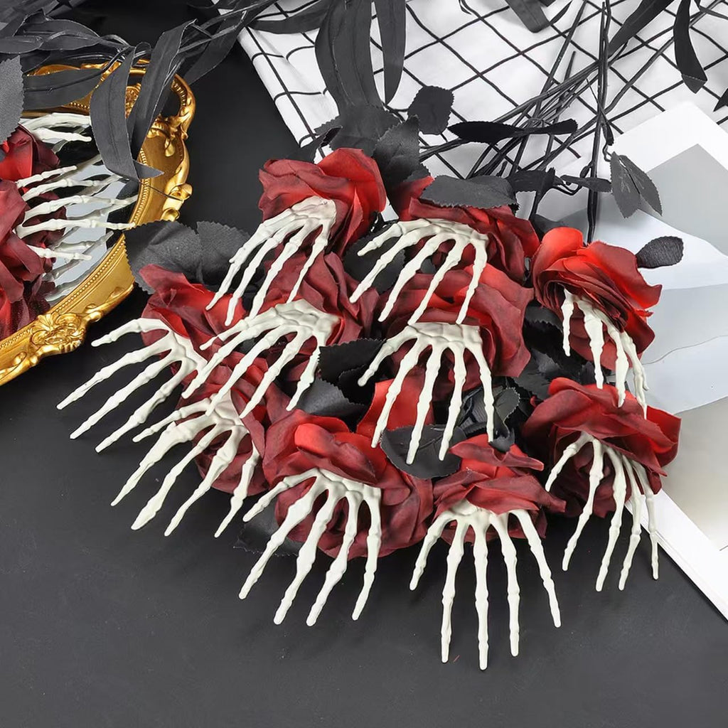 12 Pcs Halloween Black Faux Rose Artificial Flowers with Skull Skeleton Hand Purple Flower Bouquets Gothic Halloween Floral Picks Flowers Artificial 19.29 inches（Adjustable Length ）(Red)