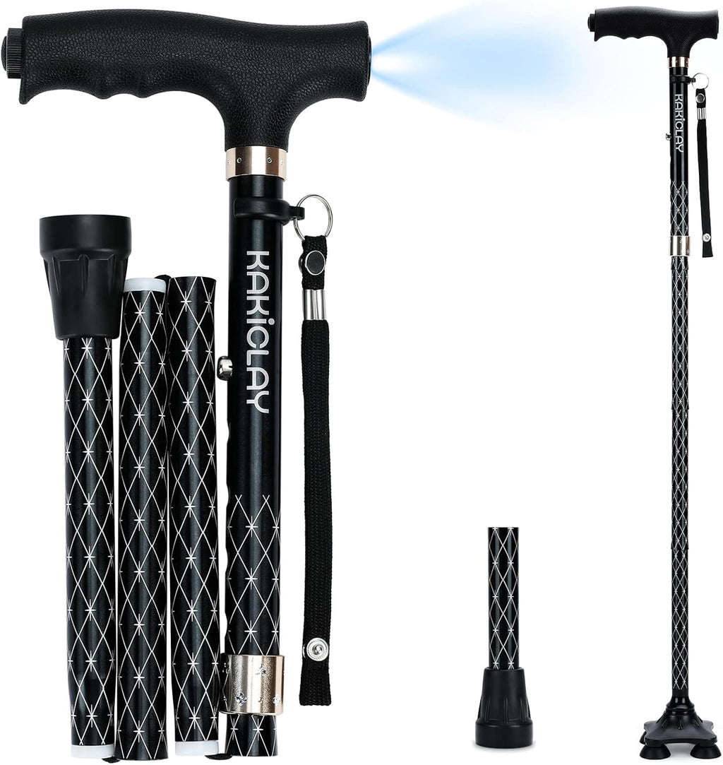 KAKICLAY Folding Walking Cane with LED Light for Women & Men - Foldable, Adjustable, Collapsible Lightweight Aluminum Walking Stick for Seniors & Adults