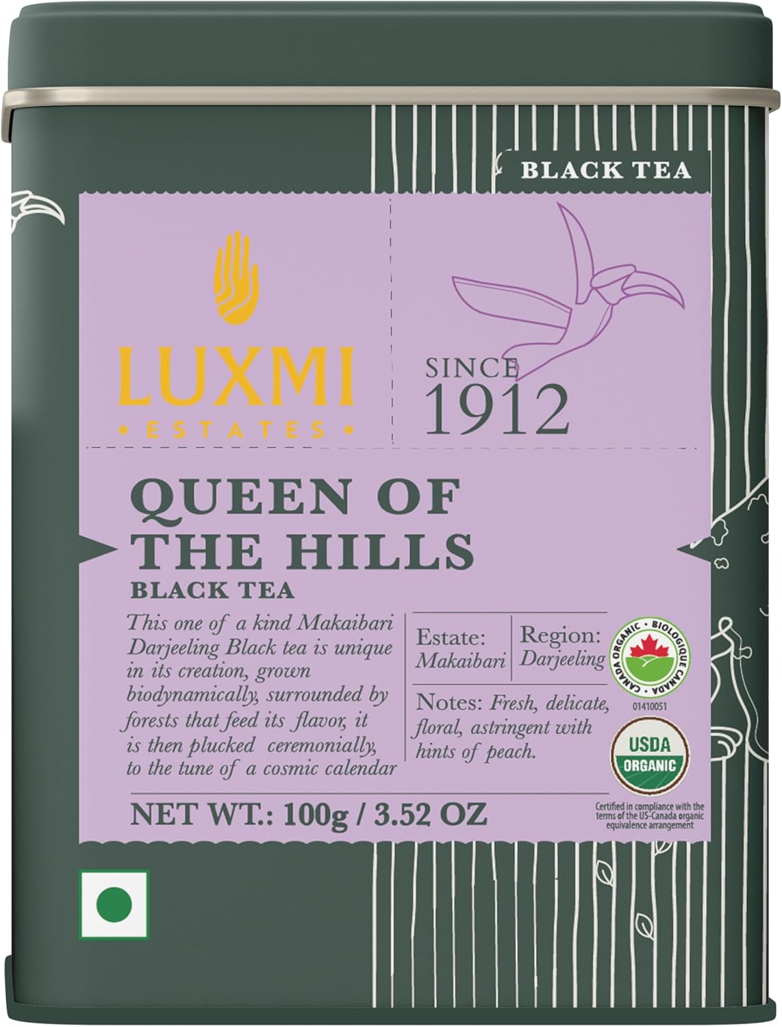 Luxmi Estates Queen of the Hills Organic Darjeeling Black Tea Loose Leaf 50 Cups (100g/3.5oz) | Direct from Garden