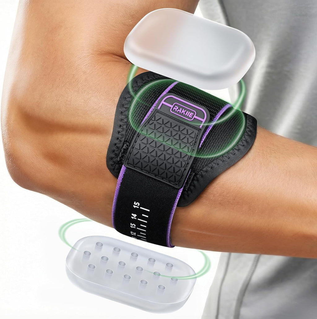 Upgraded Tennis Elbow Brace for Men Women with 2 Silicone Pads, Adjustable Golfers & Tennis Elbow Strap for Tendonitis Pain Relief, Support for Sports, Fits Forearm 7.1''-14', Purple
