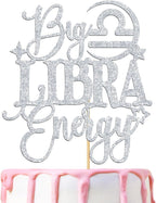 Big Libra Energy Cake Topper, Happy Birthday Libra in September/October, Libra Season, 12 Zodiac Constellation Theme Birthday Party Decoration Supplies, Silver Glitter