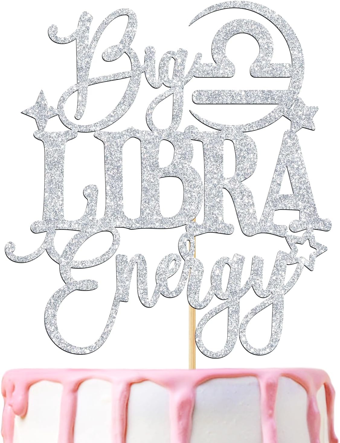 Big Libra Energy Cake Topper, Happy Birthday Libra in September/October, Libra Season, 12 Zodiac Constellation Theme Birthday Party Decoration Supplies, Silver Glitter