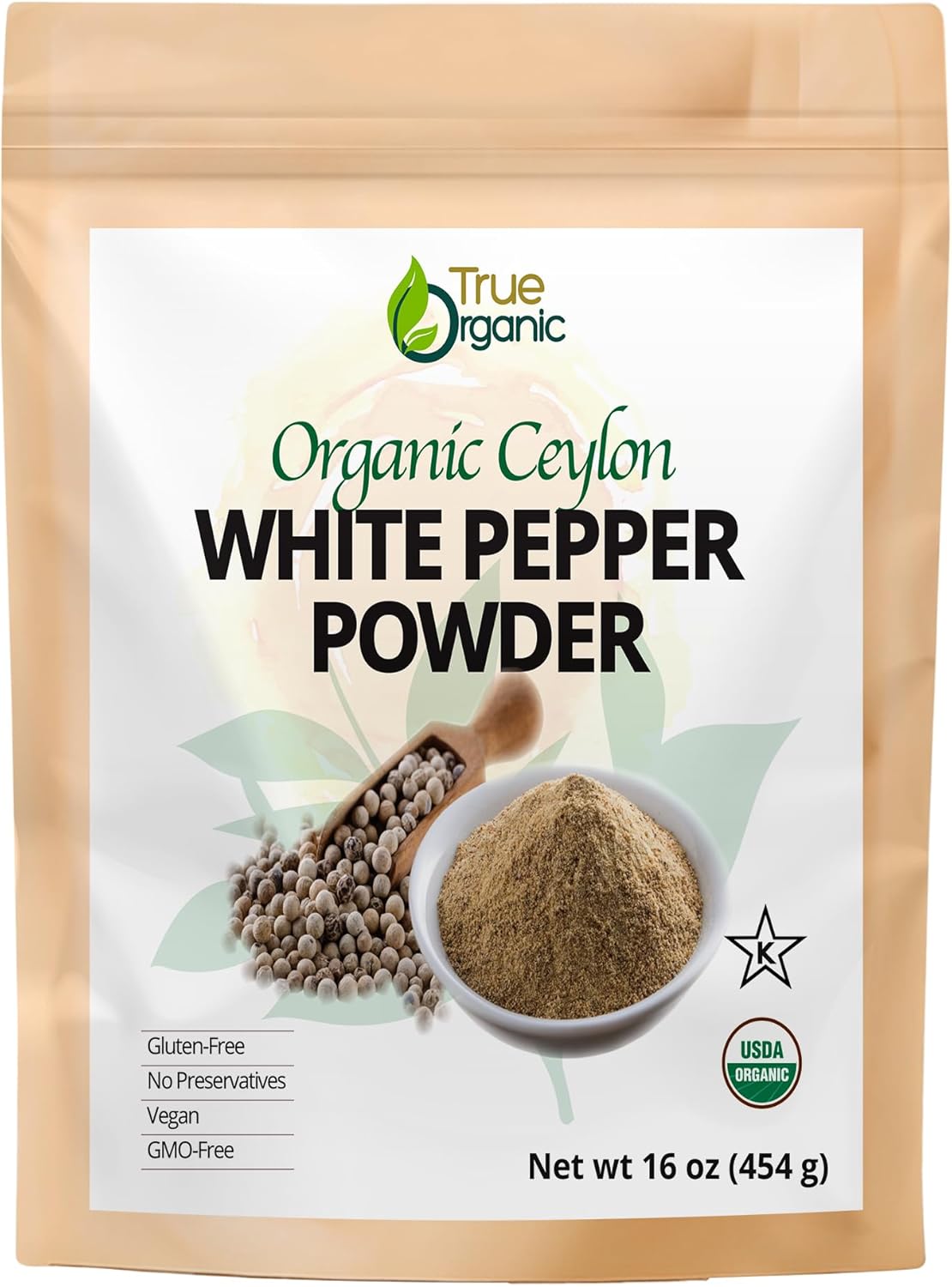 True Organic White Peppercorns Powder, 16 Oz, USDA & Kosher certified Organic Pepper, Organic White peppercorns, 100% Pure Ground white pepper.