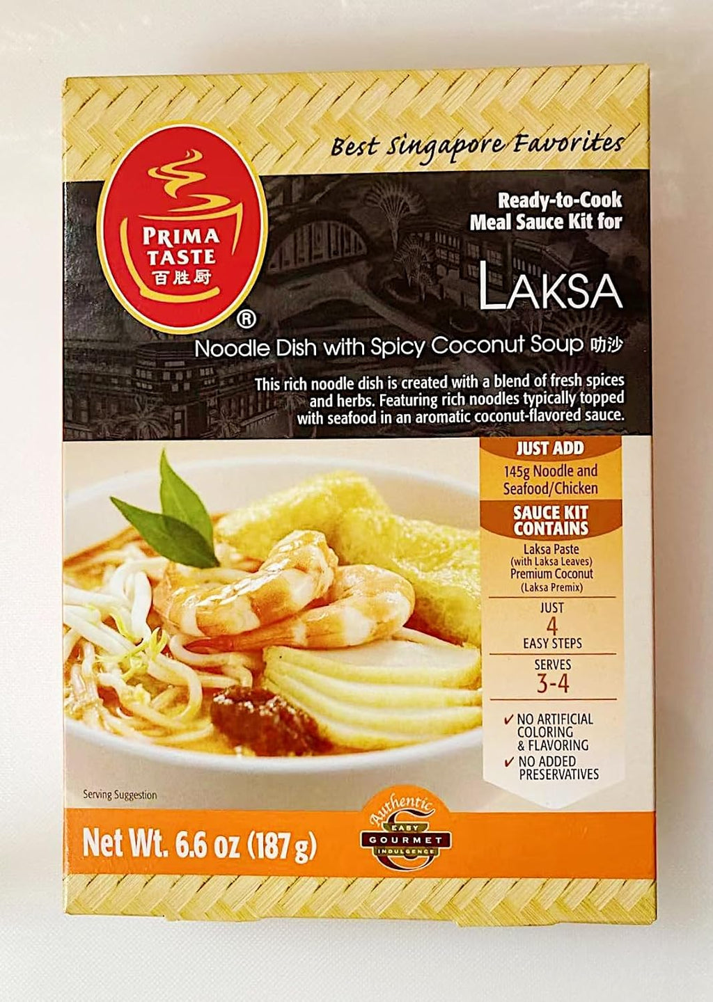Prima Taste Laksa Noodle Sauce Kit, Singapore Spicy Coconut Soup, Ready-to-Cook, 6.6 oz, Serves 3-4