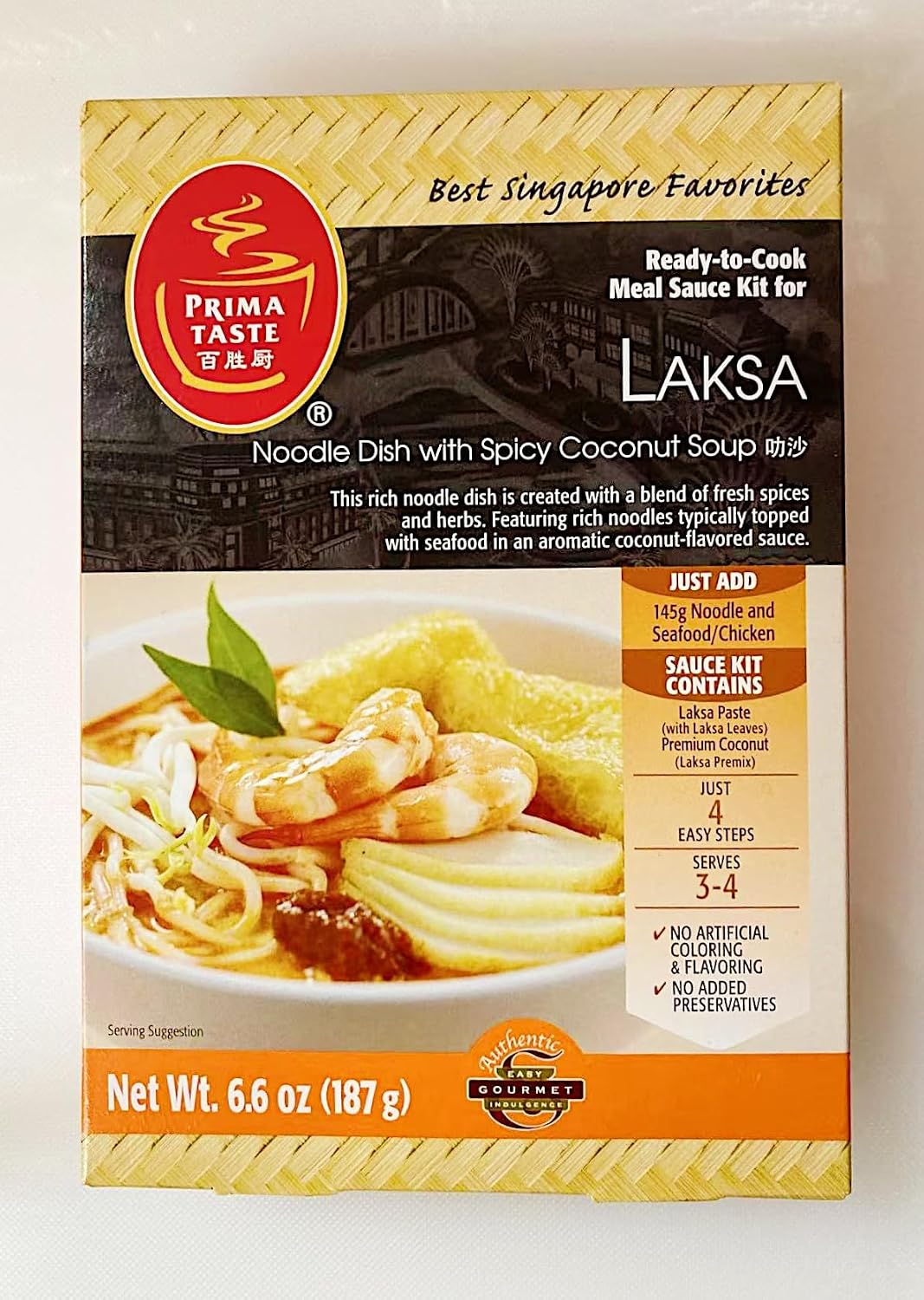 Prima Taste Laksa Noodle Sauce Kit, Singapore Spicy Coconut Soup, Ready-to-Cook, 6.6 oz, Serves 3-4